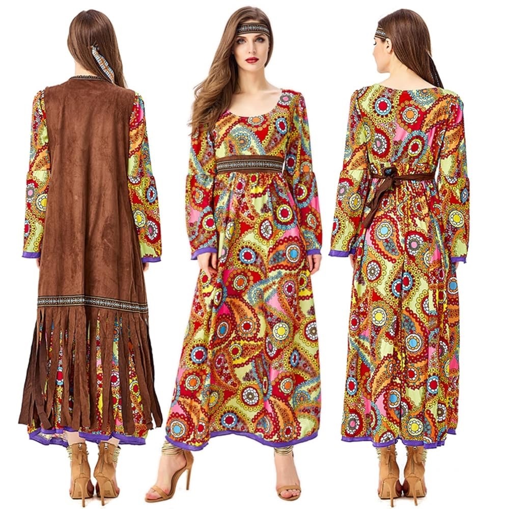 Hippie Peace Halloween 3-Piece Costume Maxi Dress Fringe Vest Women’s XL